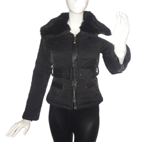 Bebe Nylon Rabbit Fur Collar Down Jacket Coat S - Picture 14 of 15